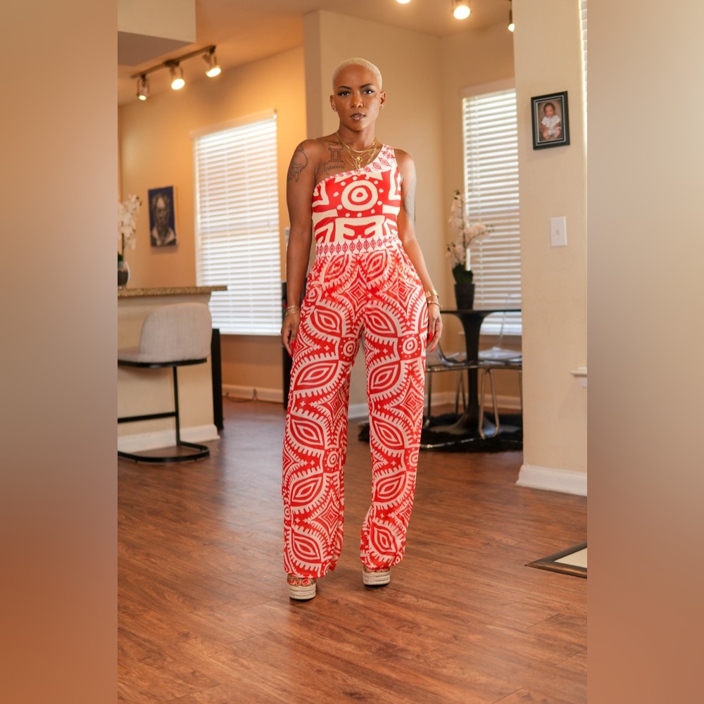 Red Printed One-Shoulder bathing suit and bottoms